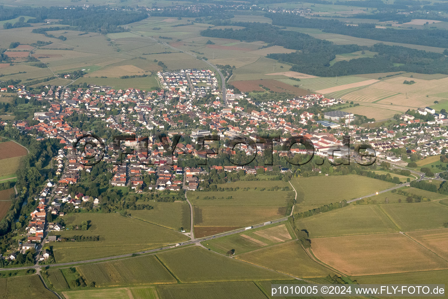 Drone image of District Freistett in Rheinau in the state Baden-Wuerttemberg, Germany