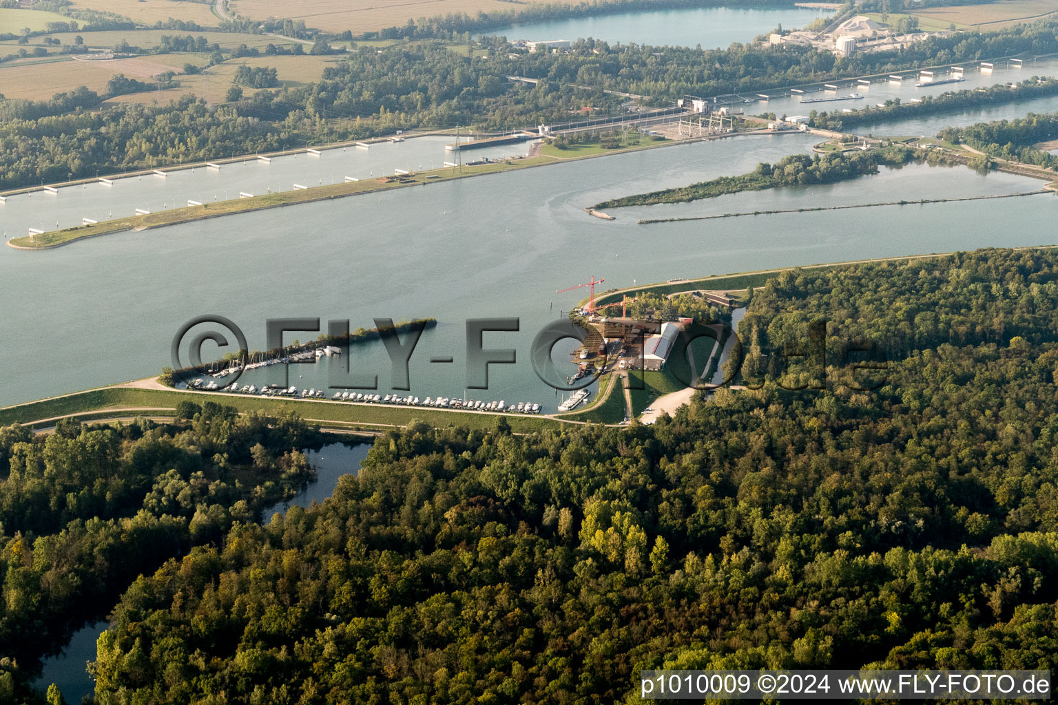 Aerial view of Karcher Shipyard in the district Freistett in Rheinau in the state Baden-Wuerttemberg, Germany