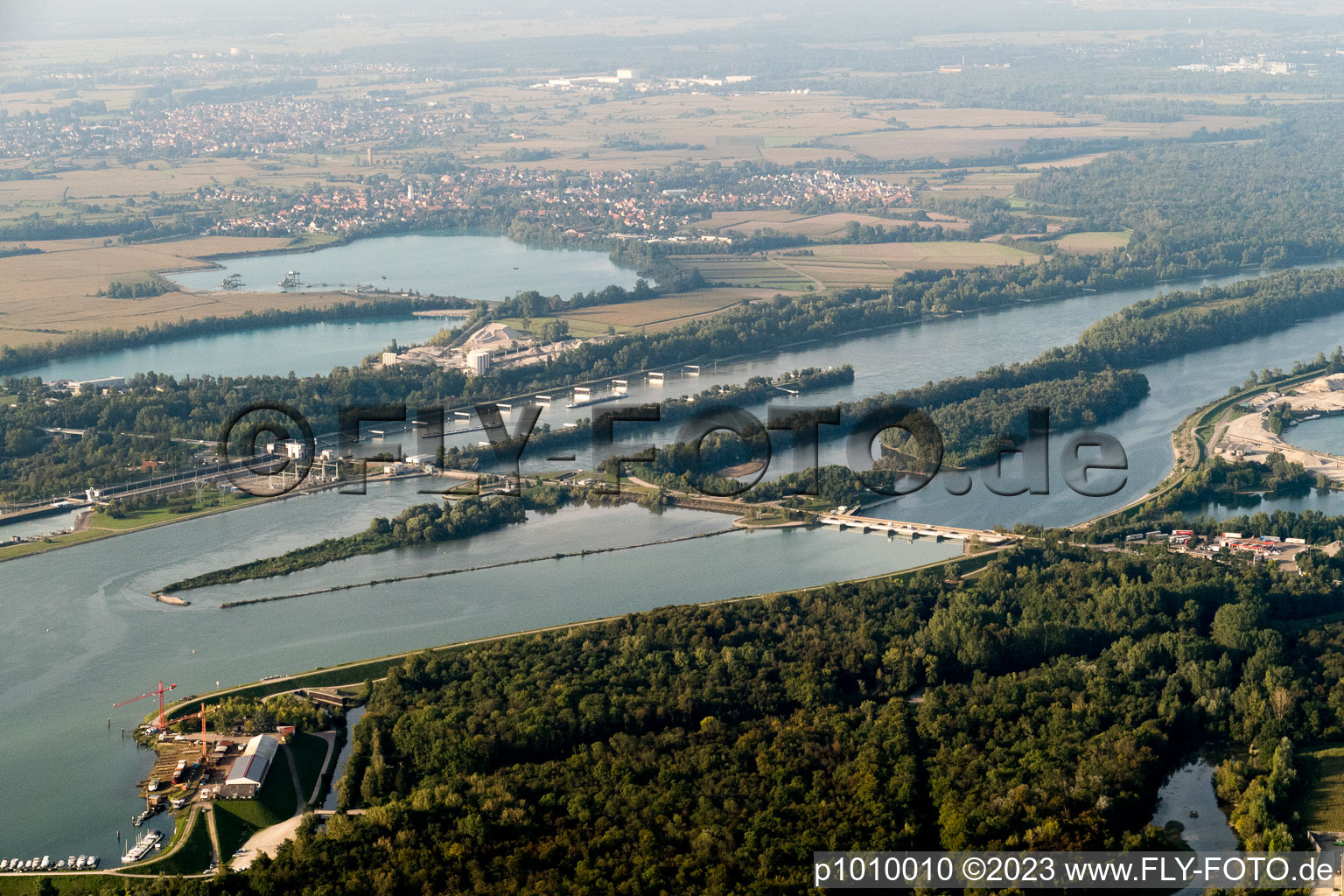 Aerial view of Lock near Gambsheim in the district Freistett in Rheinau in the state Baden-Wuerttemberg, Germany