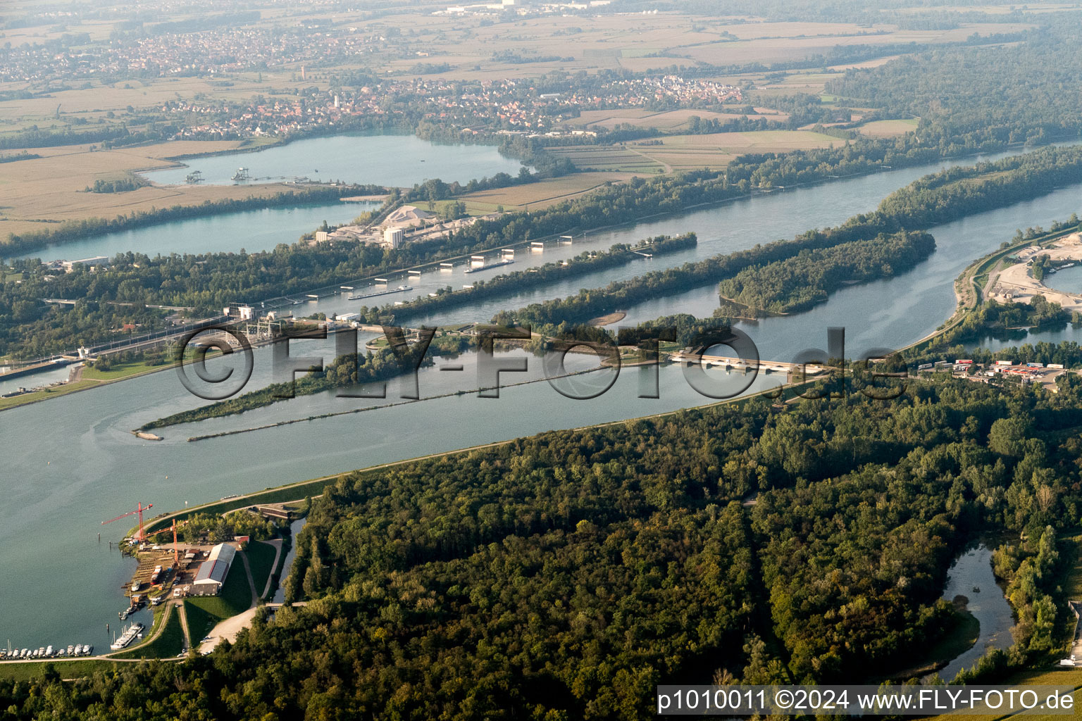 Aerial photograpy of Lock at Gambsheim in the district Freistett in Rheinau in the state Baden-Wuerttemberg, Germany