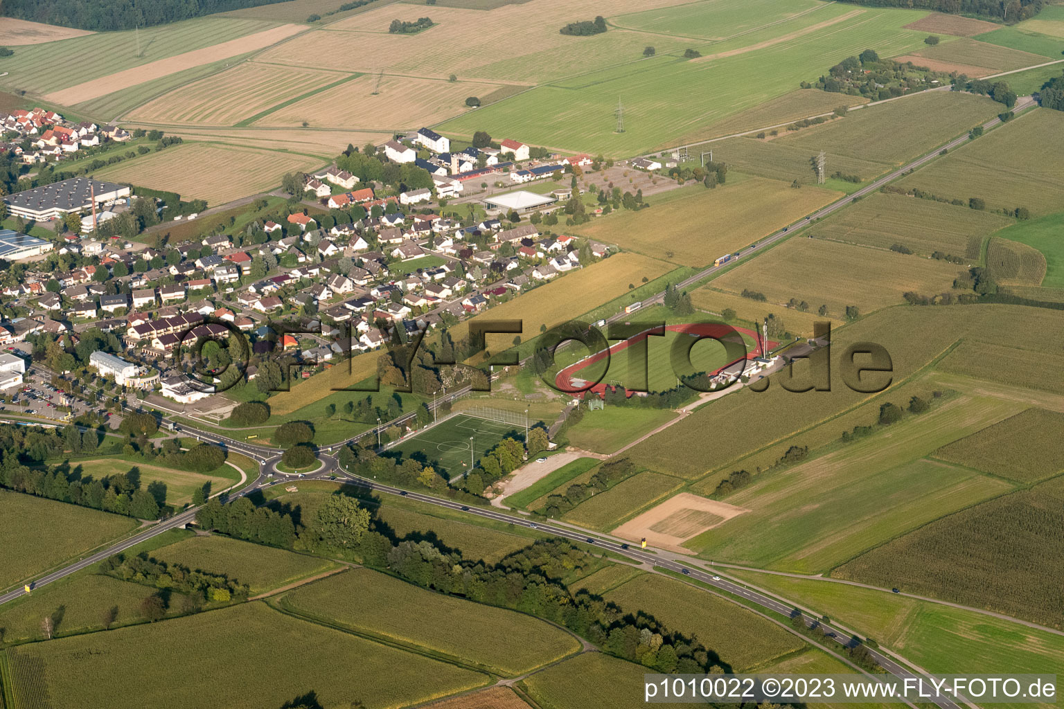 District Rheinbischofsheim in Rheinau in the state Baden-Wuerttemberg, Germany seen from a drone