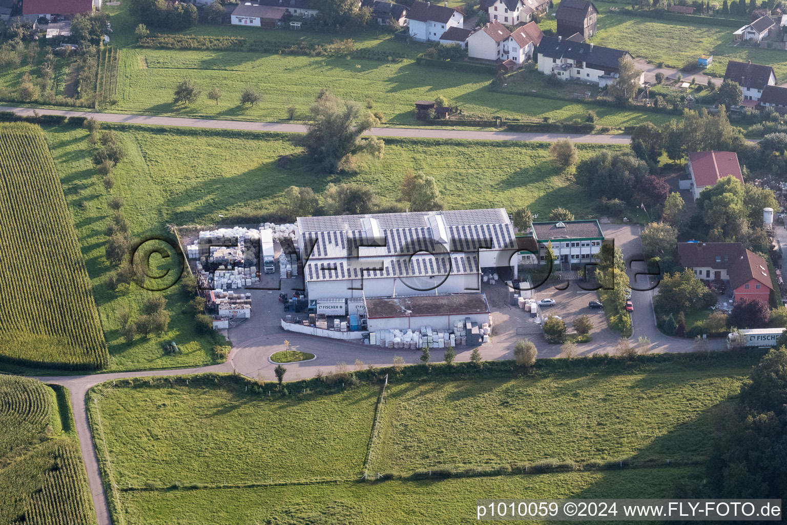 Aerial view of Site waste and recycling sorting of FISCHER GmbH in Wagshurst in the state Baden-Wurttemberg, Germany