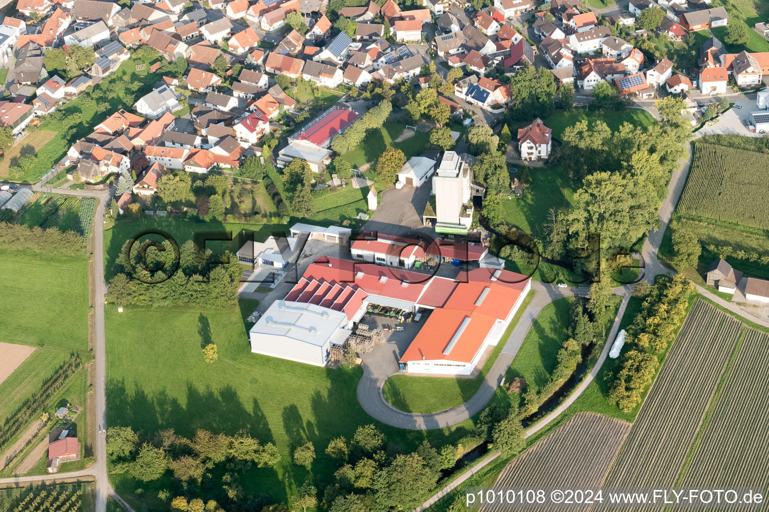 Aerial view of Kraewa GmbH in the district Erlach in Renchen in the state Baden-Wuerttemberg, Germany