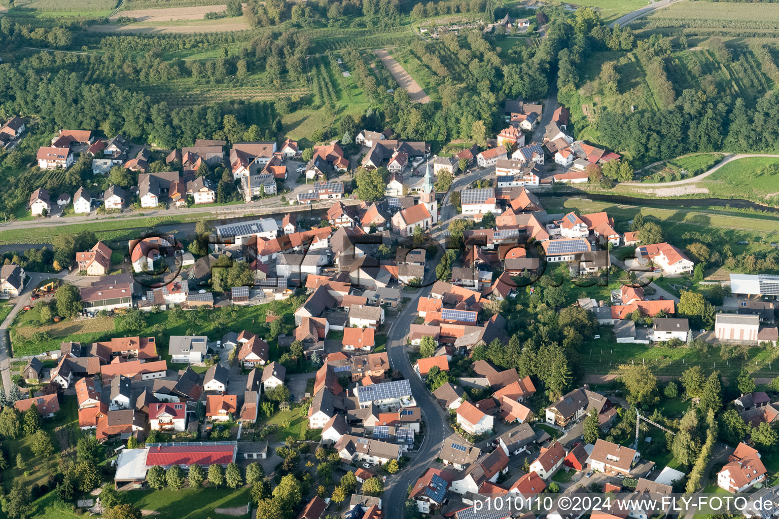 Aerial view of Erlacher Street in the district Erlach in Renchen in the state Baden-Wuerttemberg, Germany