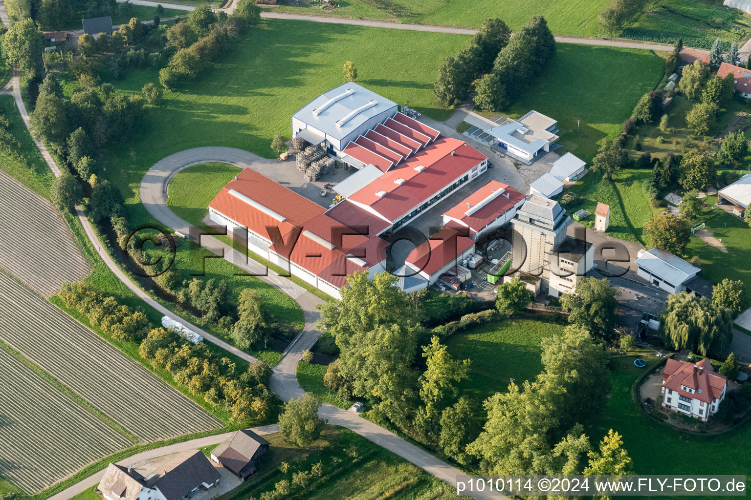 Aerial view of Building and production halls on the premises of Kraewa GmbH Umformtechnik in the district Erlach in Renchen in the state Baden-Wurttemberg, Germany