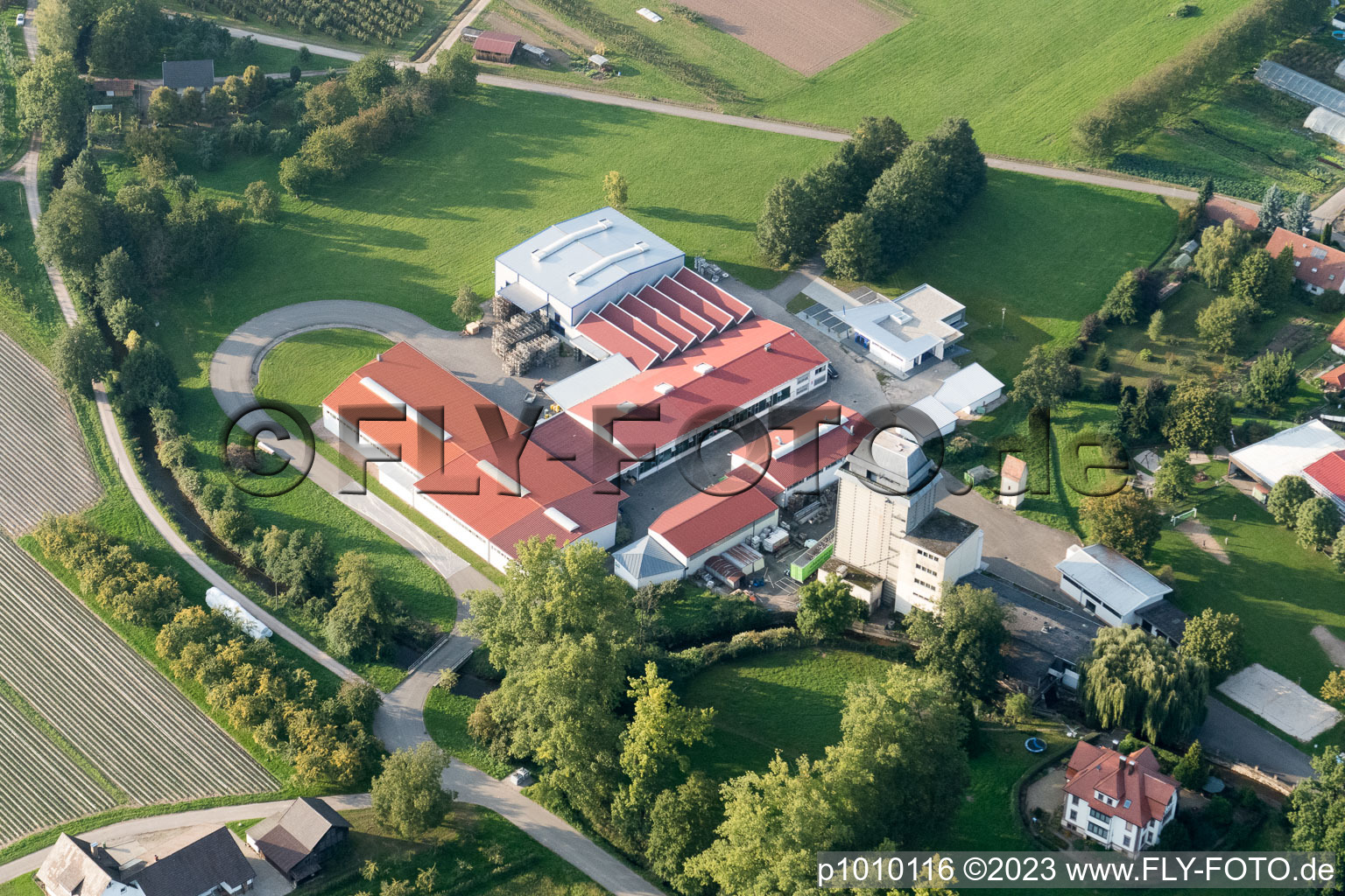 Aerial view of Kraewa GmbH from the southeast in the district Erlach in Renchen in the state Baden-Wuerttemberg, Germany