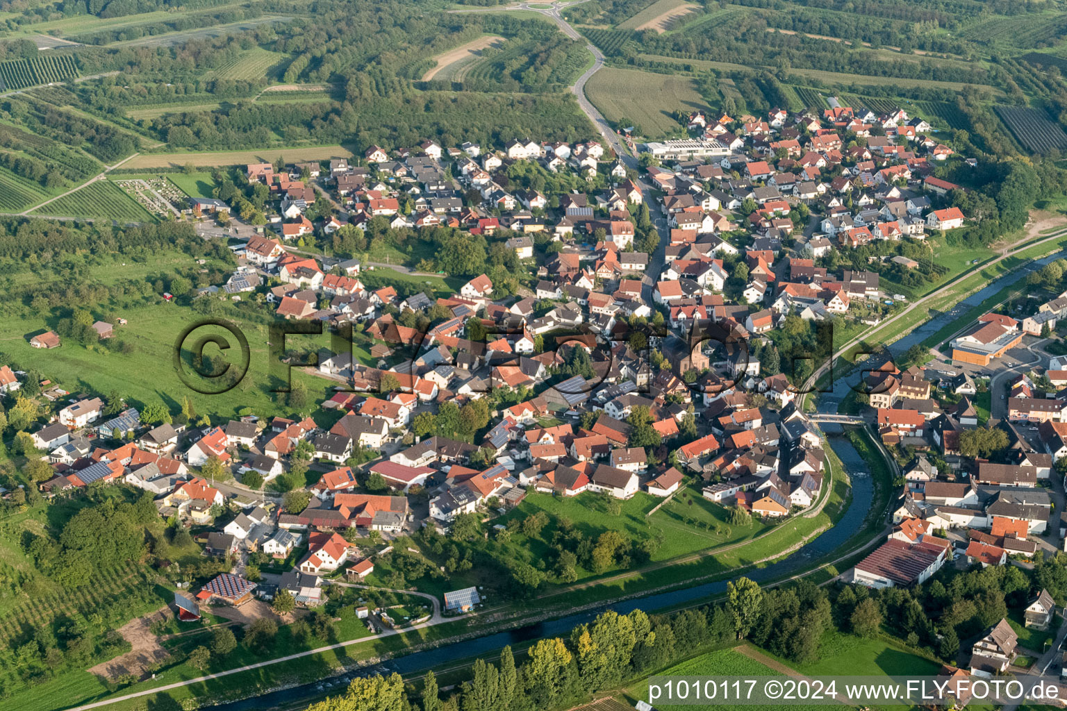 Village on the river bank areas of the river Rench in the district Stadelhofen in Oberkirch in the state Baden-Wurttemberg, Germany