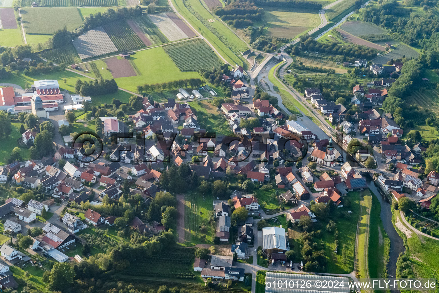 Rench Bridge and St. Anastasius in the district Erlach in Renchen in the state Baden-Wuerttemberg, Germany