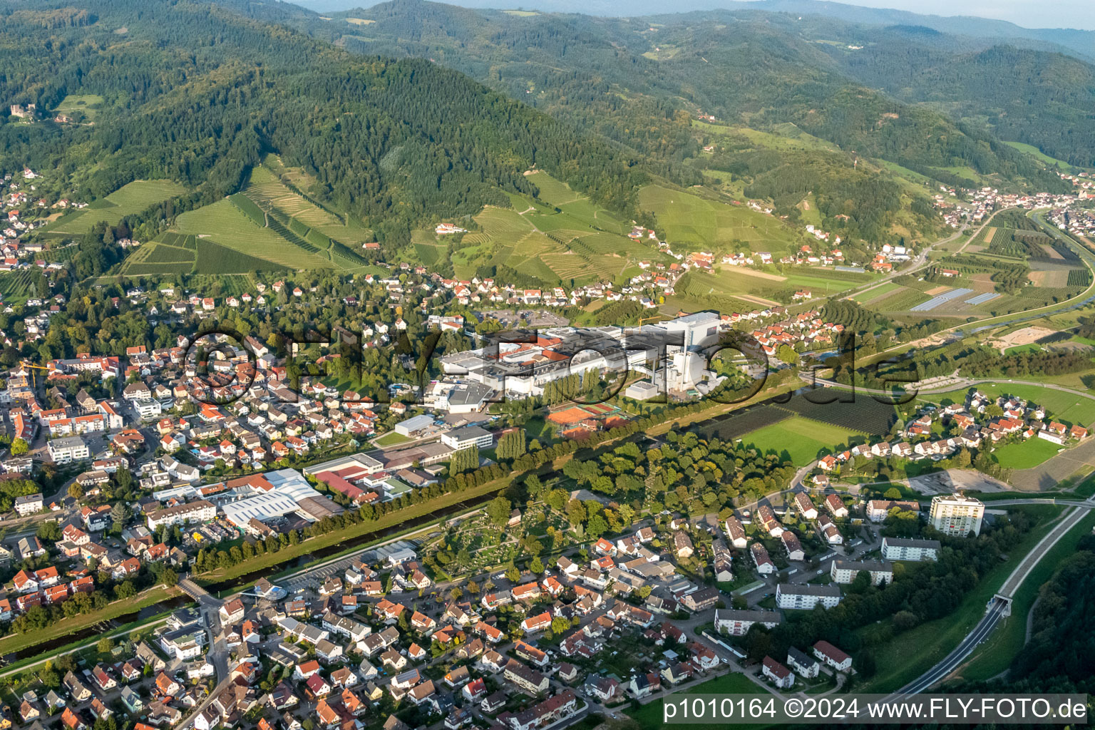 Aerial view of Building and production halls on the premises of Papierfabrik August Koehler SE in Oberkirch in the state Baden-Wurttemberg, Germany