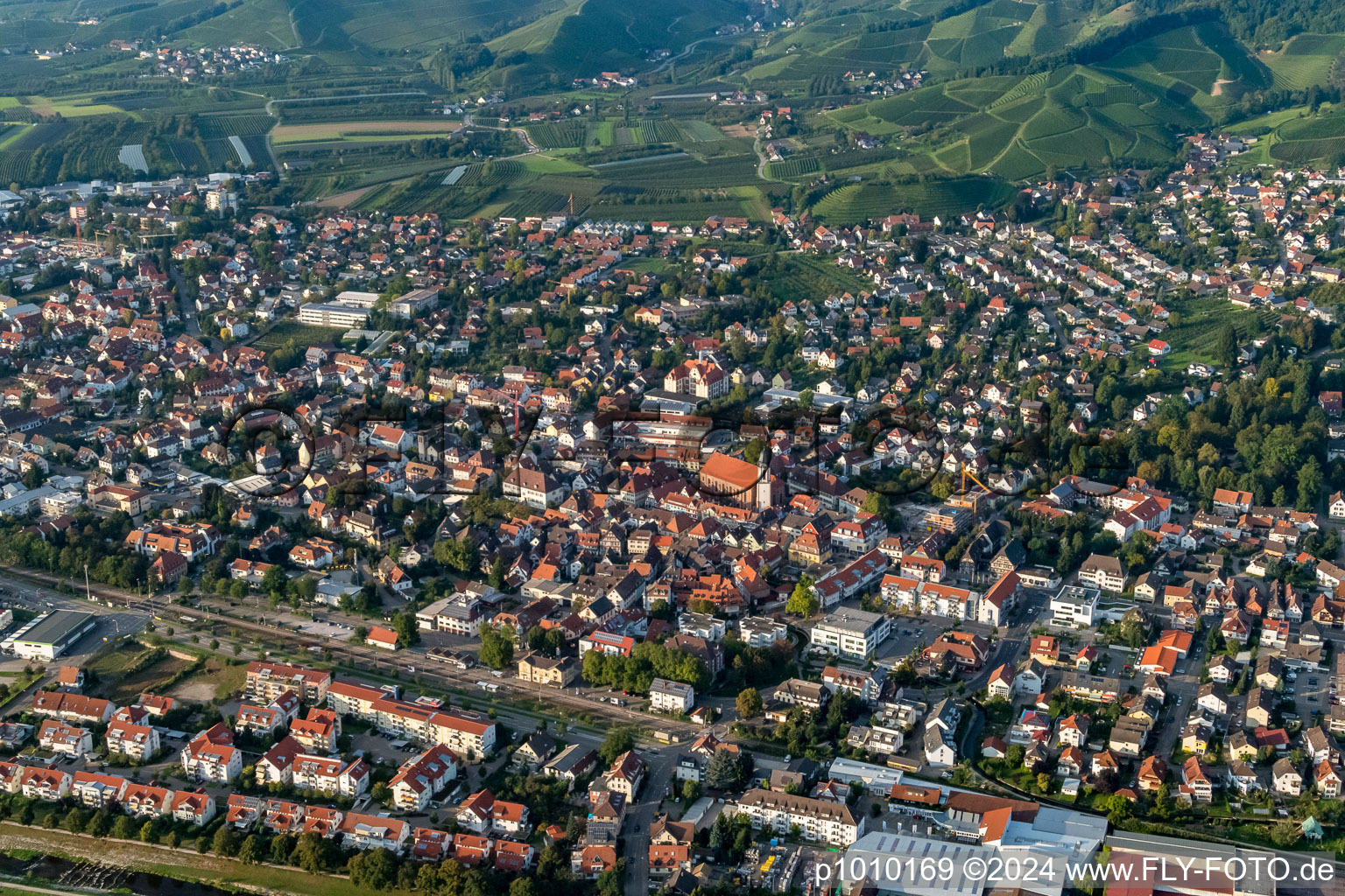 Aerial view of Town View of the streets and houses of the residential areas in Oberkirch in the state Baden-Wurttemberg, Germany
