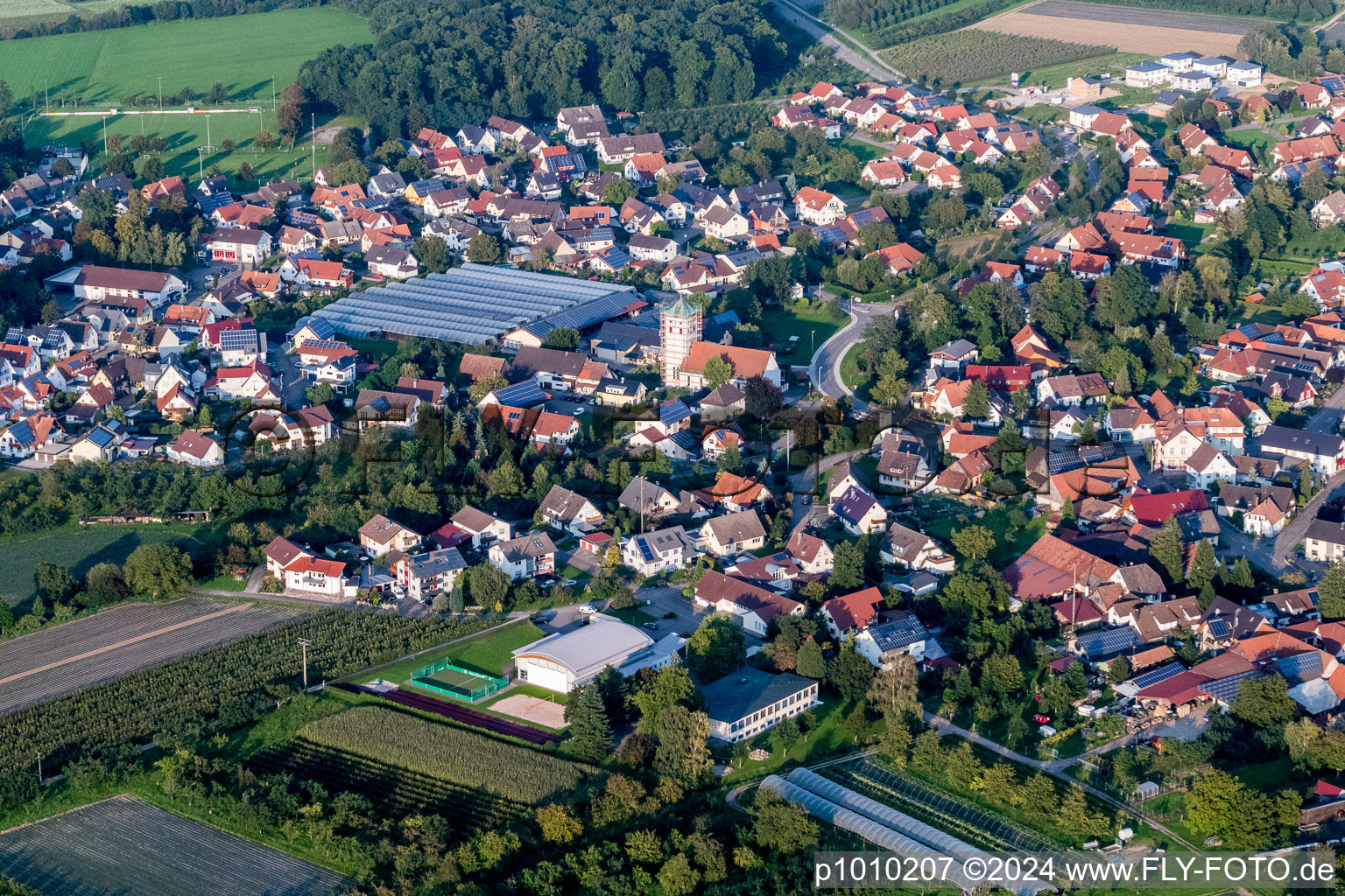 Aerial photograpy of Village - view on the edge of agricultural fields and farmland in Zusenhofen in the state Baden-Wurttemberg, Germany