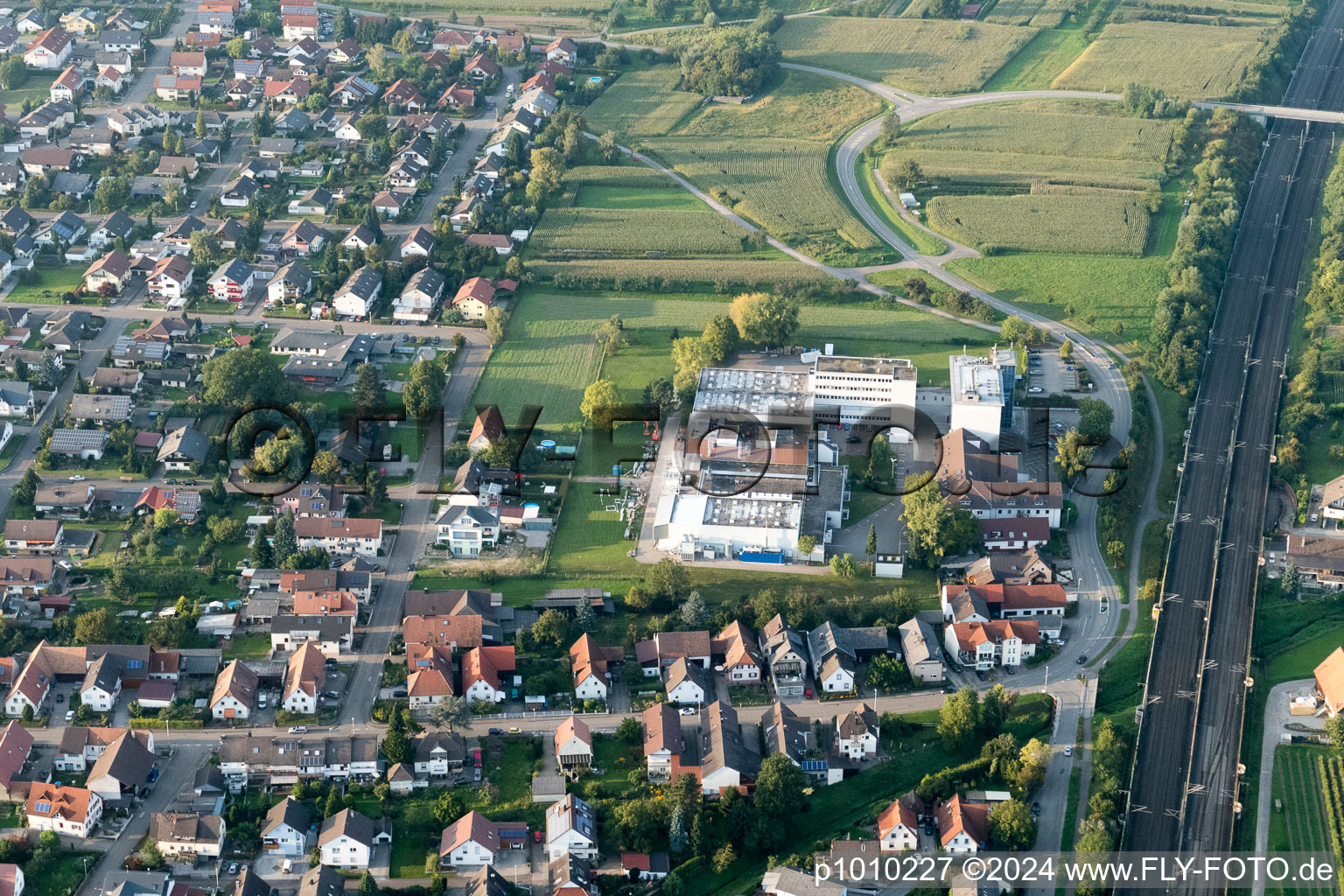 Aerial view of Klocke Pharma in the district Urloffen in Appenweier in the state Baden-Wuerttemberg, Germany