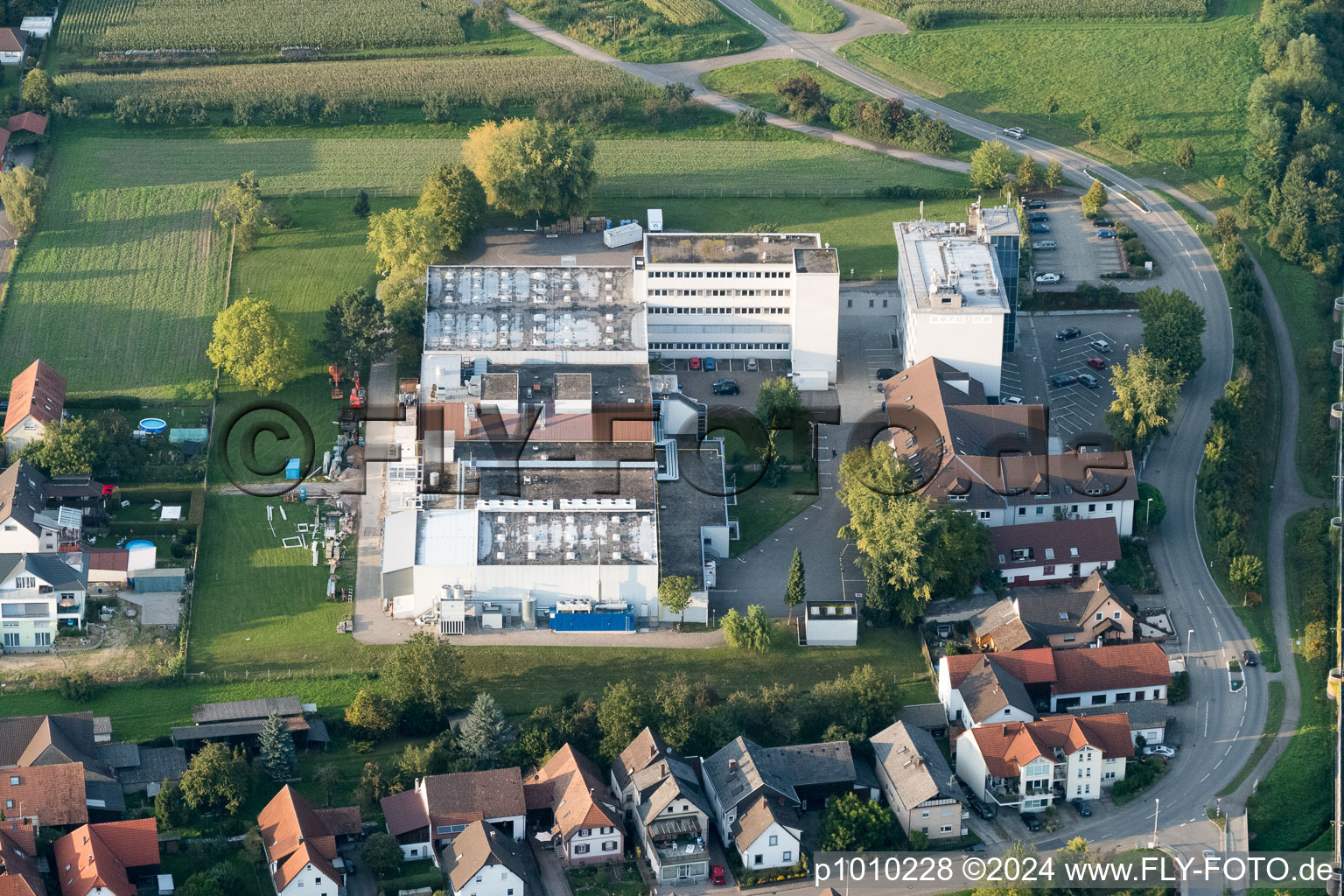 Aerial view of Building and production halls on the premises of the chemical manufacturers Klocke Pharma-Service in Appenweier in the state Baden-Wurttemberg