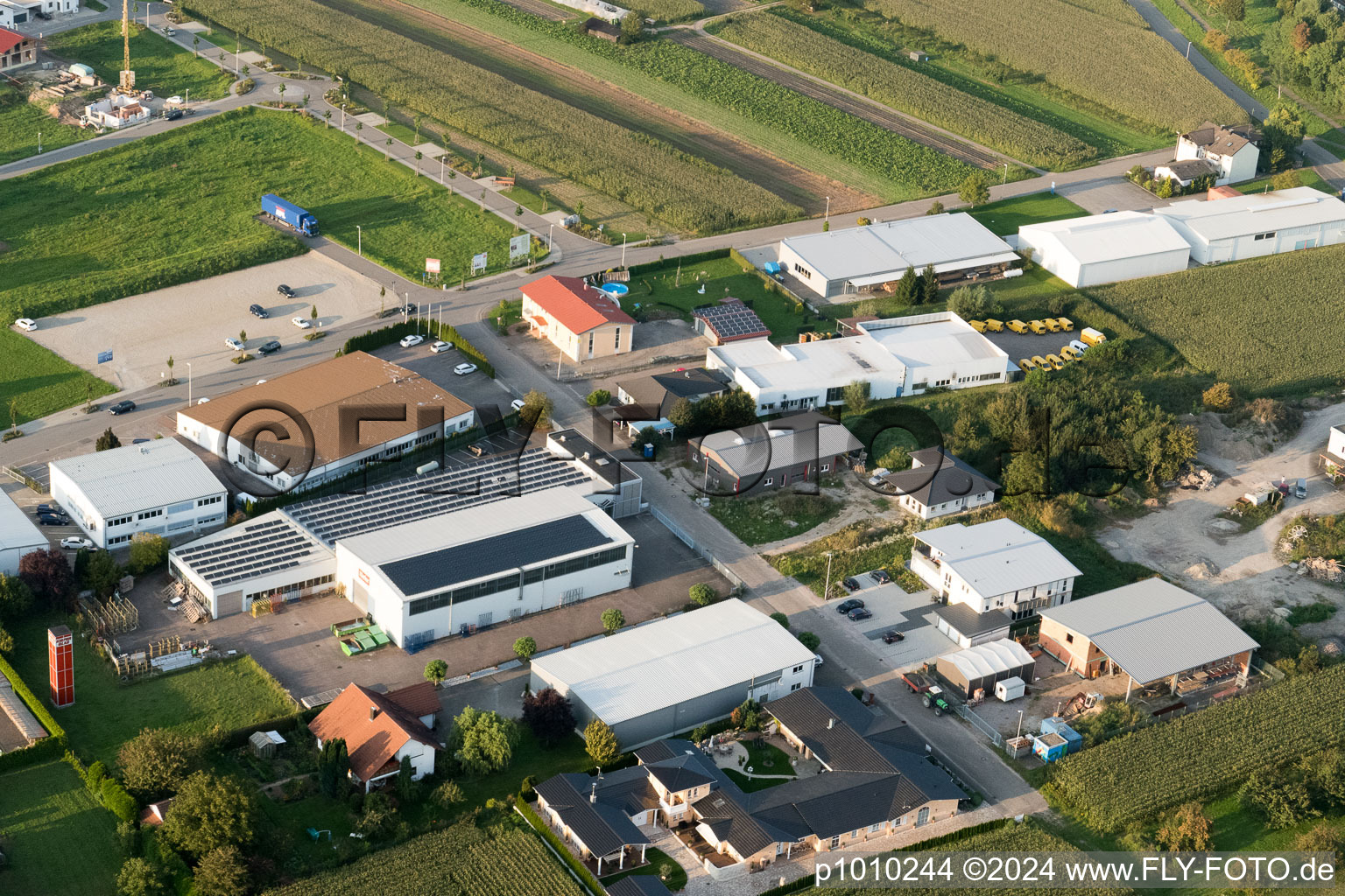 Oblique view of Südstrasse commercial area in the district Urloffen in Appenweier in the state Baden-Wuerttemberg, Germany