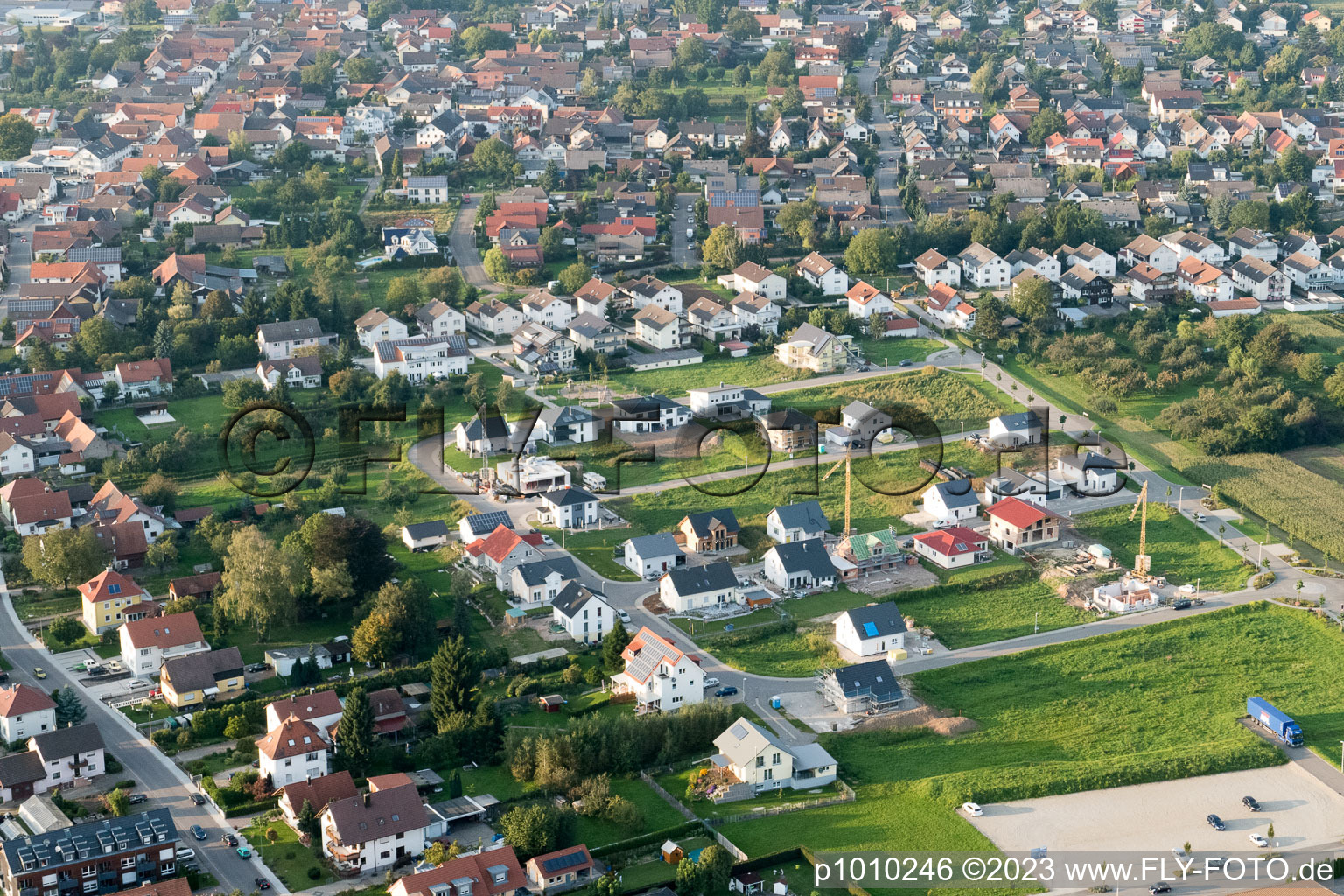 Aerial view of New development area south in the district Urloffen in Appenweier in the state Baden-Wuerttemberg, Germany