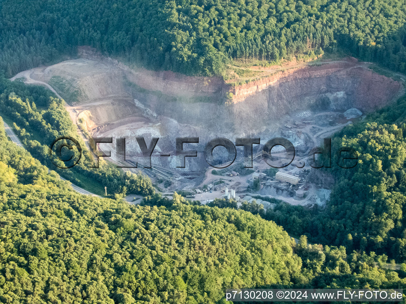 Aerial view of Site and Terrain of overburden surfaces Cement opencast mining of Heidelberger Beton GmbH - Region Sued-West in Waldhambach in the state Rhineland-Palatinate, Germany