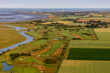 Oblique view of Grounds of the Golf course at of Golfclub Buesum Dithmarschen e.V. in Warwerort in the state Schleswig-Holstein, Germany