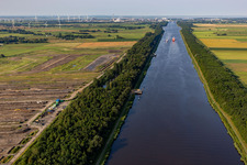 Channel flow and river banks of the waterway shipping Nordostseekanal in Buchholz in the state Schleswig-Holstein, Germany