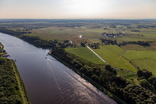 Aerial view of Ferry across the Kiel Canal in Burg in the state Schleswig Holstein, Germany