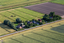 Aerial view of Former dike keepers' farms on Schülpersieler Straße in Wesselburenerkoog in the state Schleswig Holstein, Germany