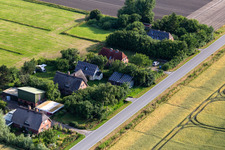 Oblique view of Former dike keepers' farms on Schülpersieler Straße in Wesselburenerkoog in the state Schleswig Holstein, Germany