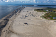 Aerial view of Coastline on the sandy beach of North Sea in Sankt Peter-Ording in the state Schleswig-Holstein, Germany