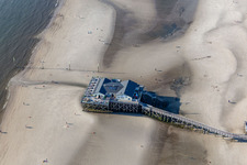 Oblique view of Coastline on the sandy beach of North Sea in Sankt Peter-Ording in the state Schleswig-Holstein, Germany