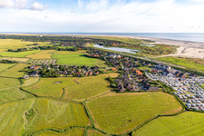 Aerial view of Campsite Biehl with caravans and tents on the beach of North Sea in Sankt Peter-Ording in the state Schleswig-Holstein, Germany