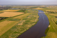 Aerial view of Railway - bridge crossing the Eider river in Dammsdeich in Koldenbuettel in the state Schleswig-Holstein, Germany