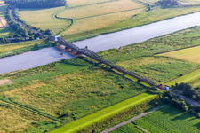Aerial photograpy of Railway - bridge crossing the Eider river in Dammsdeich in Koldenbuettel in the state Schleswig-Holstein, Germany
