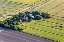 Former dike keepers' farms on Schülpersieler Straße in Wesselburenerkoog in the state Schleswig Holstein, Germany from above