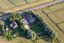 Bird's eye view of Former dike keepers' farms on Schülpersieler Straße in Wesselburenerkoog in the state Schleswig Holstein, Germany