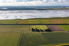 Drone recording of Former dike keepers' farms on Schülpersieler Straße in Wesselburenerkoog in the state Schleswig Holstein, Germany