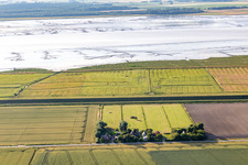 Drone image of Former dike keepers' farms on Schülpersieler Straße in Wesselburenerkoog in the state Schleswig Holstein, Germany
