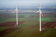 Aerial view of Wind turbines in Minfeld in the state Rhineland-Palatinate, Germany