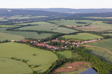 Village view behind the fishpond from the north in the district Petriroda in Georgenthal in the state Thuringia, Germany
