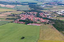 View of the town from the east with the Schwabhausen Agricultural Cooperative Sheep Farming Wechmar in the district Wechmar in Drei Gleichen in the state Thuringia, Germany