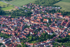 Aerial view of Town View of the streets and houses of the residential areas in Muehlberg in the state Thuringia, Germany