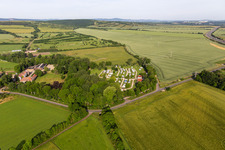 Aerial view of Camping with caravans and tents in Muehlberg in the state Thuringia, Germany