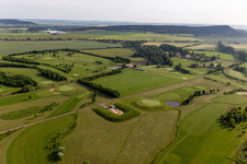 Grounds of the Golf course at " Drei Gleichen Muehlberg e.V. " in Muehlberg in the state Thuringia, Germany viewn from the air