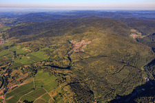 Village hidden in the Palatinate Forest from the northeast in Dörrenbach in the state Rhineland-Palatinate, Germany