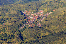 Village hidden in the Palatinate Forest from the east in Dörrenbach in the state Rhineland-Palatinate, Germany