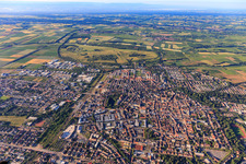 City overview on both sides of the railway line from the north in Landau in der Pfalz in the state Rhineland-Palatinate, Germany