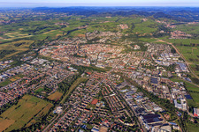 City overview on both sides of the railway line from the northeast in the district Queichheim in Landau in der Pfalz in the state Rhineland-Palatinate, Germany