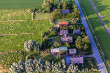 Bird's eye view of Schülpersieler Street in the district Schülperweide in Wesselburenerkoog in the state Schleswig Holstein, Germany
