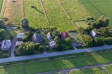 Drone recording of Schülpersieler Street in the district Schülperweide in Wesselburenerkoog in the state Schleswig Holstein, Germany