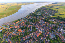 City overview on the Eider from the north in Tönning in the state Schleswig Holstein, Germany