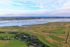 Village on the dike of the Eider from the north in the district Olversum in Tönning in the state Schleswig Holstein, Germany