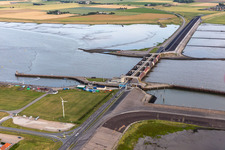 Aerial view of Lockage of the Eider-Sperrwerk in Wesselburenerkoog in the state Schleswig-Holstein
