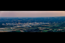 Panoramic perspective of the building and production halls on the premises of the chemical manufacturers Chemiepark Marl on Paul-Baumann Strasse during dawn in Marl in the state North Rhine-Westphalia, Germany